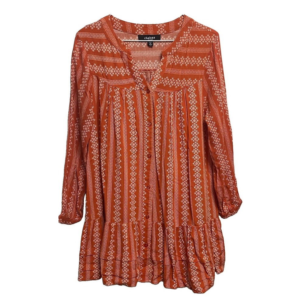 Chelsea Studio Women/Junior Boho Orange&White Mini Tunic Dress Button-up 14/16 M